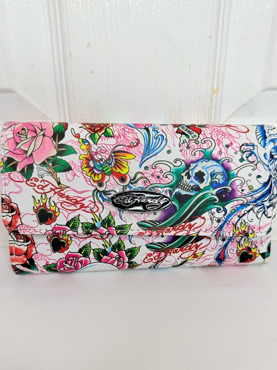 Ed Hardy Handbags - ED HARDY WHITE REBEL GARDEN FLAP LONG WALLET